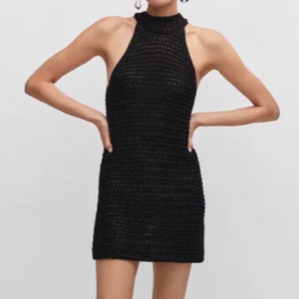 Mango Black Shimmer Halter Open Knit sheer Mini Dress Sleek Mini party Dress LBD - Picture 1 of 13